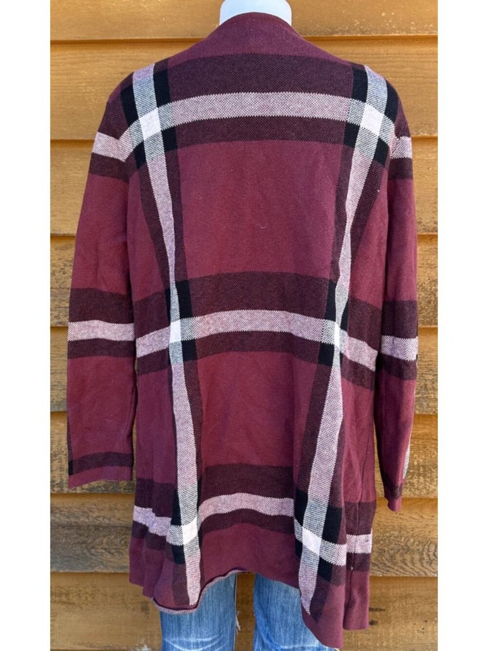 Plaid Open Front Cardigan Jacket By Elle Size XL Burgundy & Black Tones - Picture 3 of 8